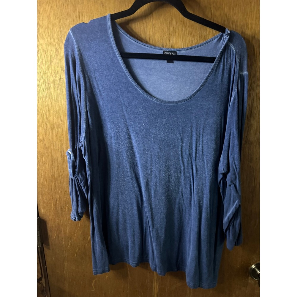 Fantazia Womens 1XL Blue Scoop Neck Roll Tab Sleeve Knit Top Casual Blouse
